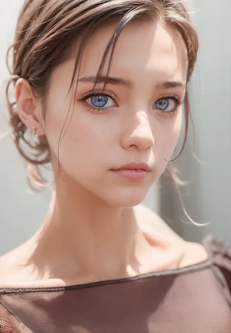 (masutepiece), A sexy、Natural light, Photorealistic, Cameltoe, diffuse glow, depth of fields, big eye、profetional lighting、the eyes are blue、Russian、a blond、selfee、Black tank top、Leave the background to us、