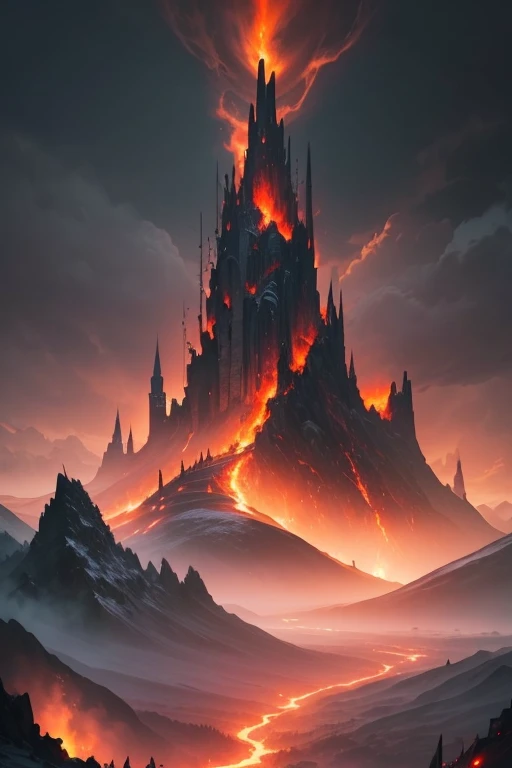 An Illustrated fantasy scene of Hell with a Sorceress perched atop a mountain overlooking a pit of despair full of fallen souls who are suffering eternal damnation, the beautiful Sorceress is in black and red robes in a gorgeous anime style. The mountain i...