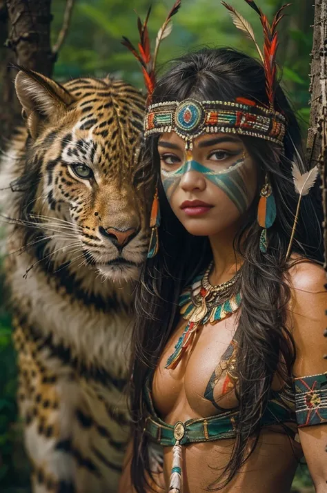 A young woman of radiant beauty, the most beautiful cabocla jurema in the world, 16 years old, indigenous, with feathers on her head, long straight hair falling over her shoulders, ((magnetic green eyes)), ((square face and hollow chin)) , ((strong express...