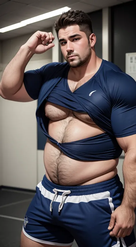 chubby gym teacher, Cool guy with big breasts with semen coming out from under his clothes,barechested,２a person,Touching over clothes,Have an erection