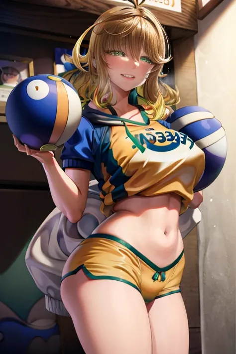 amicia michella - nijisanji, naime style 1girl, (((bimbo))), brown short hair, yellow inner hair, wavy hair, green eyes, (((bimbo))), thin lips, painted lips, midriff, shy smile face, wide hips, thick thighs, huge round ass, curvy accentuated booty, shiny ...