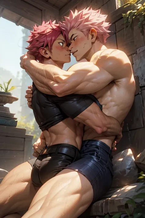 2 boys muscular shirtless kissing, Natsu Dragneel and Gray Fullbuster kissing in an open air terrarium. Good body proportions, good composition, arms on waist, embrace, good arms good hands. (Handsome face, anime face, 3D faces, good faces, handsome, rugge...