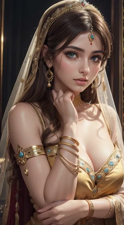 (best quality,4k,8k,highres,masterpiece:1.2),ultra-detailed,(realistic,photorealistic,photo-realistic:1.37), masterpiece, (1 beautiful young Russian bride), beautiful square face, wearing crimson square deep neck velvet embroidery dress half sleeves inspir...