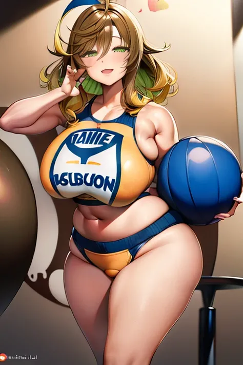 amicia michella - nijisanji, naime style 1girl, (((bimbo))), brown short hair, yellow inner hair, wavy hair, green eyes, (((bimbo))), thin lips, painted lips, midriff, shy smile face, wide hips, thick thighs, huge round ass, curvy accentuated booty, shiny ...