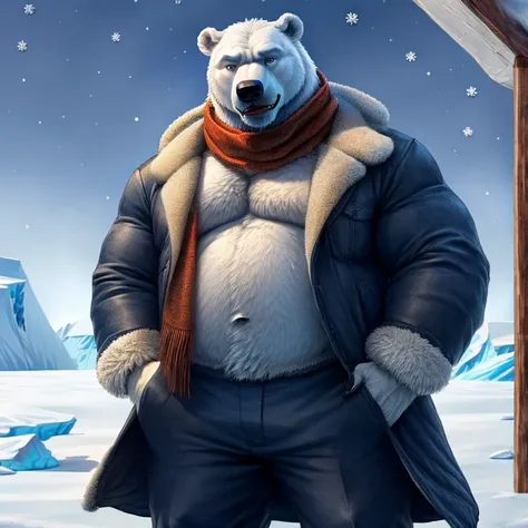 ((Polar Bear)), white teeth, ((standing)), saliva, (((white)) furred body)), ((dominant)), ((intimidating)), dilf, Daddy, father figure, mature male, hunk, pecs, ((crotch focus)), ((Antarctica)), ((very detailed background)), ((very detailed lighting)), ((...