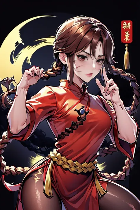 lei kugo live a live, qipao, chinese clothes, traditional clothes, action pose, full body, brown hair, braided hair, scars on fa...