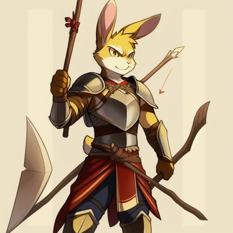 solo, male, rabbit, yellow colored fur, lean body, anthropomorphic rabbit, bow made of bone and silk, bone arrows, wild theme, warrior cloths, sticks tied to form armor, intimidating expression