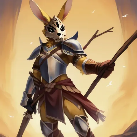 solo, male, rabbit, yellow colored fur, lean body, anthropomorphic rabbit, bow made of bone and silk, bone arrows, wild theme, warrior cloths, sticks tied to form armor, lower mask piece to look intimidating