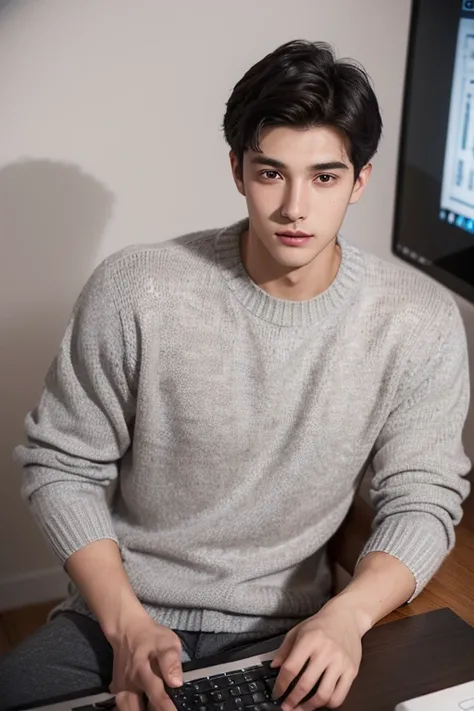 (bestquality:1.1), (Realistic :1.1), (shooting imaging:1.1), (high-detail: 1.1), (One person) , ((1male, 19 years old), white, handsome., short brown-black hair, Wearing a light gray sweater)), Sit facing away from the computer screen.., Bedroom Background