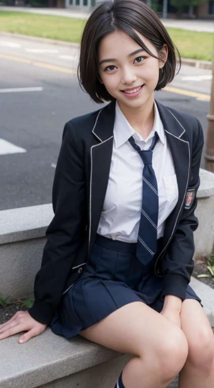 1Girl,((School uniform slush,light grin smile, Sitting,exteriors,Short hair