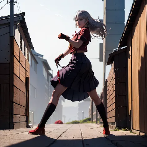 sukeban illyasviel_von_einzbern, mature_female, silver hair, holding yoyo, combat pose, full body, flowing hair, hair between the eyes, asymmetrical hair, red eyes, delicate facial features, sukeban deka clothe, looking_at_viewer, outdoors, background toky...