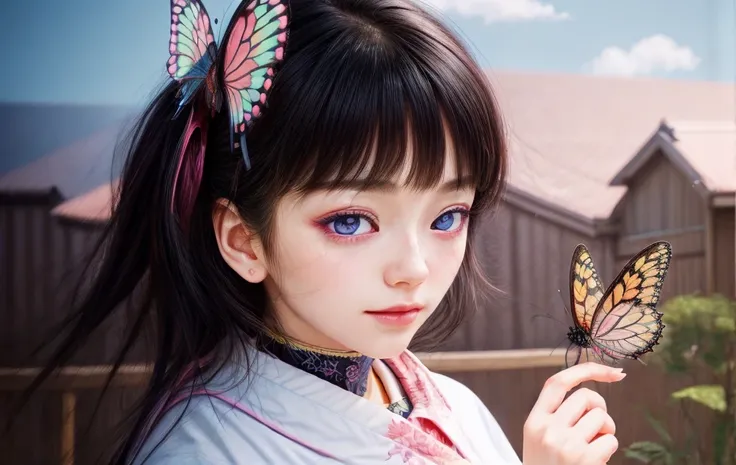 1girl, japanese, black hair, pink pupils eyes, butterfly on finger, (masterpiece:1.2), (illustration), (best quality:1.2), (best aesthetic:1.2), (beautiful art:1.2), (ultra-detailed:1.2), (8k), (HDR), (wallpaper), (sharp focus), (intricate),