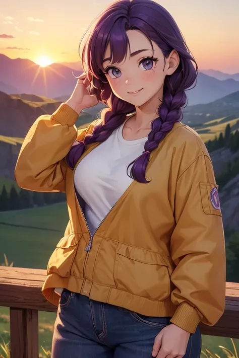 (((masterpiece, best quality))), ((8k, ultra-detailed, an extremely delicate and beautiful)), girl, purple hair, braids on front, hazel eyes, cheesing, adventure clothes, hills sunset background, early 2000s style