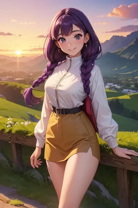 (((masterpiece, best quality))), ((8k, ultra-detailed, an extremely delicate and beautiful)), girl, purple hair, braids on front, hazel eyes, cheesing, adventure clothes, hills sunset background, early 2000s style