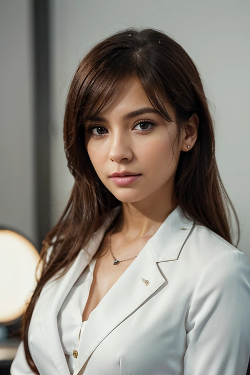 8k Linkedin professional photo of a woman in a suit with studio lighting, bokeh, corporate portrait headshot photograph best corporate photo winner, meticulous detail, hyperrealistic, centered uncropped symmetrical beautiful with white blouse under suit