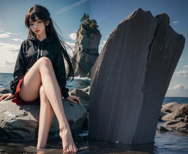 araffe sitting on a rock in the water with her legs crossed, black haired girl wearing hoodie, Popular topics on cgstation, ulzzangs, cgstation trends, on a cliff, Korean girls, xintong chen, Attractive posing, Most models | Art germ, on a rock, guweiz, da...