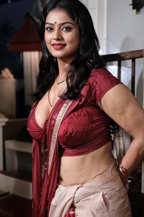 night scene from side view, extreme close up photo of young muscular man grabbing vedhika wearing a sexy saree from behind, big cheeks, hourglass figure, swooping breasts, deep cleavage, romancing each other in a ship deck in sea, showing armpits, red lips...