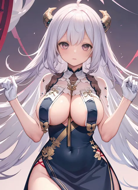 1 girl, Alone,hand on her own chest, 
humongous large breast,  , Chopping, , breast curtains, Chinese dress, half gloves, whitegloves,
Bedrooms, ssee-through,Permanent, 
Hindenburg, demonic horns, ahoge, Very long hair,