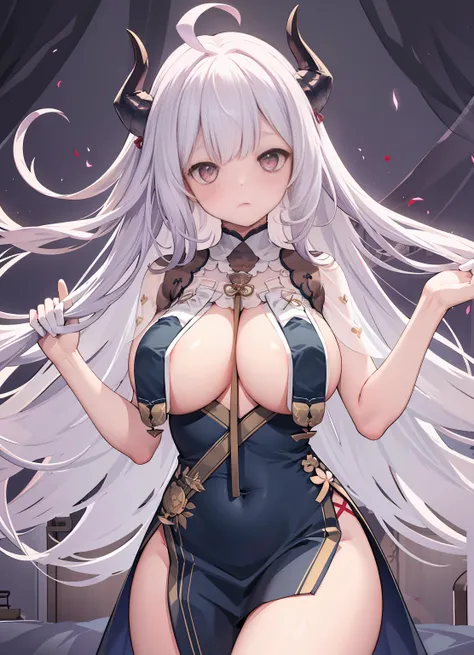 1 girl, Alone,hand on her own chest, 
humongous large breast,  , Chopping, , breast curtains, Chinese dress, half gloves, whitegloves,
Bedrooms, ssee-through,Permanent, 
Hindenburg, demonic horns, ahoge, Very long hair,