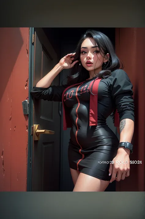 hay una mujer parada frente a una puerta con una camisa roja, tomada en 2 0 2 0, in rojo y negro, negro y rojo, rojo y negro, 2 4 year old female model, foto del atuendo, 👅 👅, negro y rojo dress, 2263539546], cuerpo completo!!, Imagen filtrada, cuerpo comp...