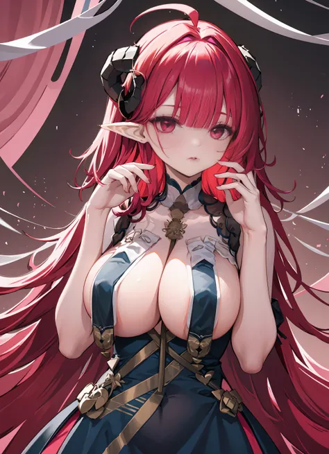 1 girl, Alone,hand on her own chest, 
humongous large breast,  , Chopping, , breast curtains, Chinese dress, half gloves, whitegloves,
Bedrooms, ssee-through,Permanent, 
Hindenburg, demonic horns, ahoge, Very long hair,