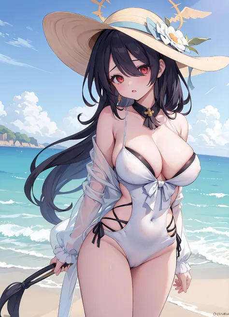 1 girl,Alone,wariza,cow boy shot,Seafront,sable,
humongous large breast, long whitr hair,
enteba, The halo, (hair covering one eye), braidedponytail, 
White Ballsuit,cross reins,Black collar, Sun hat,