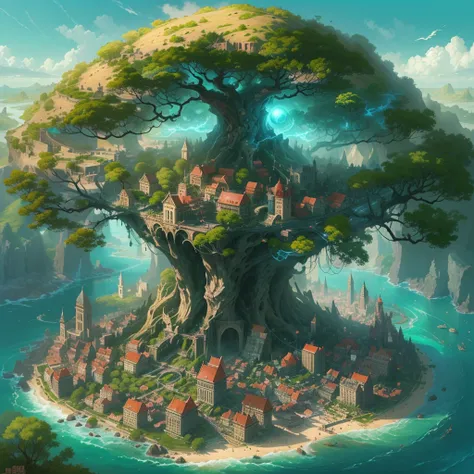 the farthest aerial view, an island in the sea, there is a huge spiritual tree on the island that is as huge as the world, this ...