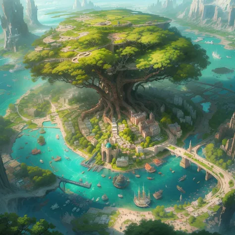 the farthest aerial view, an island in the sea, there is a huge spiritual tree on the island that is as huge as the world, this ...