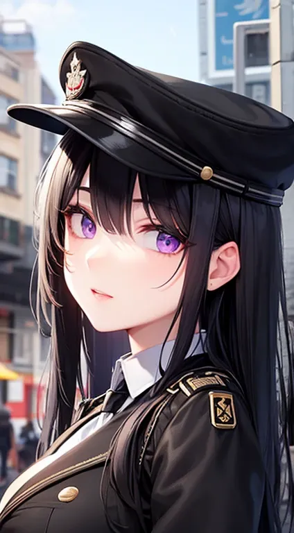 black military cap, long black hair, breast, black military uniform, black sclera, purple eyes