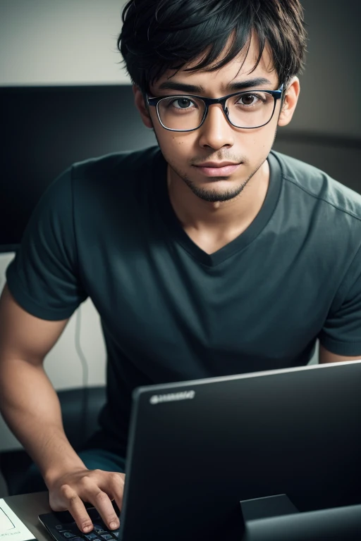 1boy, sitting, close up, brown skin, programmer, glasses, looking at the computer seriously, very amazed, happy, candid, in computer desk, black eyes, blue shirt, dark green garage, high res, ultrasharp, 8K, masterpiece