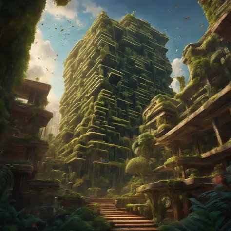 (complex layout, intricate detail, painterly) maze skyscraper at up, ancient architecture in the shape of a forest, a massive, intricate and detailed maze resembling a cryptic geometric pattern, illuminated by a pulsating, multicolored light that shifts in...