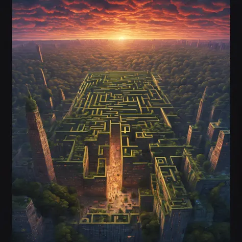 (complex layout, intricate detail, painterly) maze skyscraper at up, ancient architecture in the shape of a forest, a massive, intricate and detailed maze resembling a cryptic geometric pattern, illuminated by a pulsating, multicolored light that shifts in...