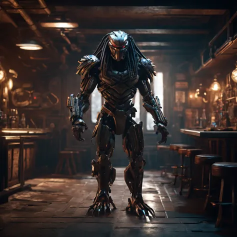 Predator biomechanics, full body cinematic style digital art render with mechanical and futuristic old pub