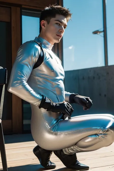 ((Best Quality, 8K, ultra-detailed, Masterpiece: 1.3)), 1boy, shiny skin, sharp, Perfect Body Beauty, realistic shaded perfect body, (cute baby face:1.1),("bodysuit, techwear,big bulge ":1.2),("leggins , armor":1.1),("glove, armor":1.1 ),(techwear)(dynamic...