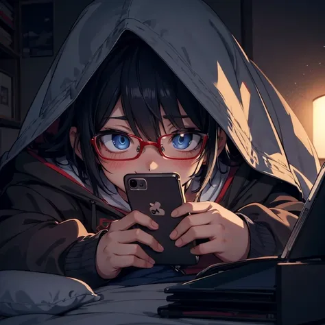 anime boy with glasses and blue eyes lying in bed and hoodie looking at his phone, artwork in the style of guweiz, anime wallape...