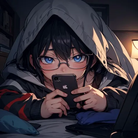 anime boy with blue eyes and black glasses lying in bed and hoodie looking at his phone, artwork in the style of guweiz, anime w...