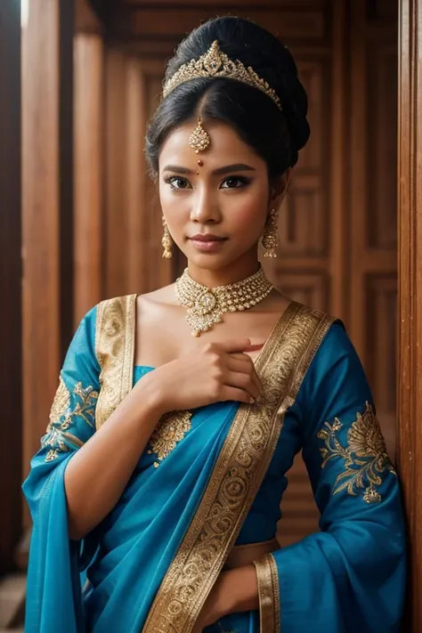 balinese queen, blue balinese traditional dress, brown skin, black eyes, temple, high res, ultrasharp, 8K, masterpiece