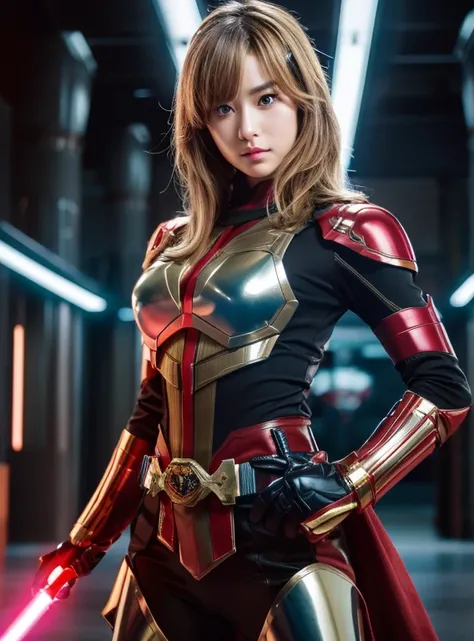 Beauty with a lightsaber. brown hair and brown eyes. He wears a metallic red combat uniform neatly. There is something on the waist that is reminiscent of Kamen Riders transformation belt. Shes on a spaceship. Serious look. 8K image quality.