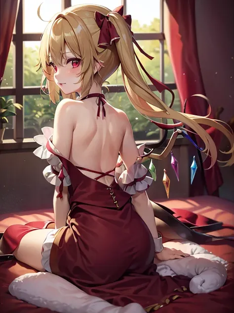 Top image quality、Flandre Scarlet、Blonde ponytail、Red cheeks、Undressing、Innocence