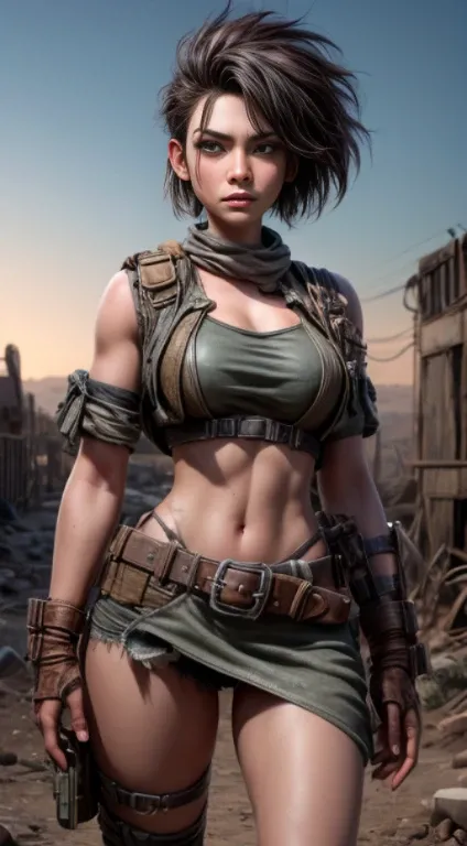 A courageous Wasteland Punk warrior  hand-in-hand through a wasteland full of pitfalls. The camera zooms in on the woman, capturing her determination. The young woman, with a protective expression on her face, wears makeshift armor and patched clothes. All...