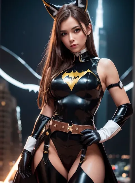 Beautiful woman with white gloves on her hands. The ears remind me of Batgirl,brown haired. Beautifully dressed in white battle uniform made of reinforced plastic....... Waistline reminds me of Batgirl.&#39;a belt.. She&#39;gotham city at dusk. Serious loo...