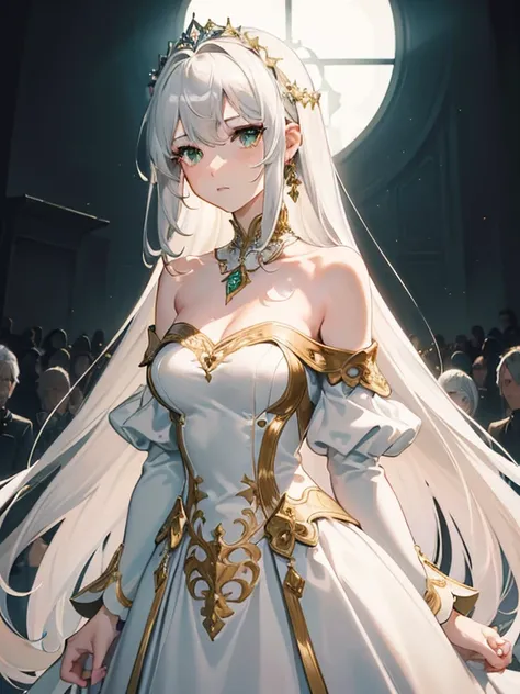 (bestquality, masterpiece), (An elegant girl , 1girl , solo, "beige and silver Dress ", off-the-shoulder, standing, looking at the audience, "White Hair", Very Long-haired, Gradient Green eyes, closed mouth, close up ), (white background)