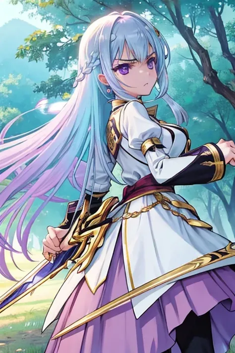 masutepiece, Best Quality, 1girl in, , Long hair, Light blue hair, ((Purple eye)), angry looking face、animesque、evening、knights、Princess、golden sword body、With a handle、(Looks Back)、white  clothes