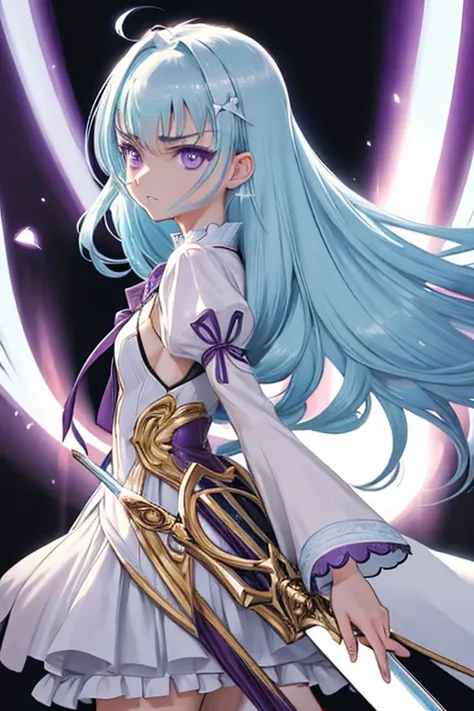 masutepiece, Best Quality, 1girl in, , Long hair, Light blue hair, ((Purple eye)), angry looking face、animesque、evening、knights、Princess、golden sword body、With a handle、(Looks Back)、white  clothes、small tits