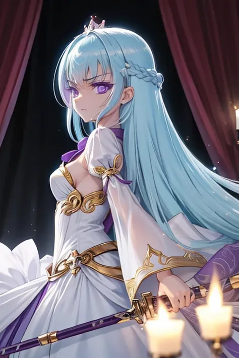 masutepiece, Best Quality, 1girl in, , Long hair, Light blue hair, ((Purple eye)), angry looking face、animesque、evening、knights、Princess、golden sword body、With a handle、(Looks Back)、white  clothes、small tits