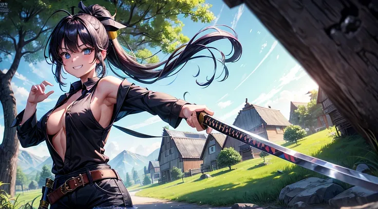 1girl, full body, solo, village, trees, colorful hair, curly hair, ponytail, large breasts, button down shirt, ninja, ((black shirt)), ((unbuttoned shirt)), ((sleeveless shirt)), blue eyes, black shorts, katana, grin, looking at the viewer, standing, hair ...