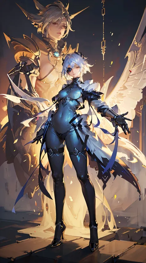 1girl, (detailed eyes, eye patch), (detailed lips), (intense expression), (exquisite face), (mechanical, futuristic armor), (summoning a giant sword), (in a dark temple), (majestic atmosphere), (masterpiece:1.2), (ultra-detailed), (realistic:1.37), (studio...