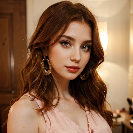 A lady, ginger, wavy hair, makeup, lipsticks, blush, sleeveless shirt, earrings