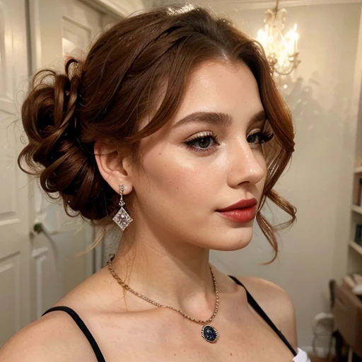 A lady, ginger, wavy updo hair, makeup, lipsticks, blush, sleeveless shirt, diamond earrings, necklace