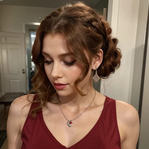 A lady, ginger, wavy updo hair, makeup, lipsticks, blush, sleeveless shirt, diamond earrings, necklace